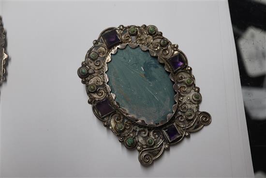 Three Mexican sterling 925, amethyst and turquoise set photograph frames, largest 12.4cm.